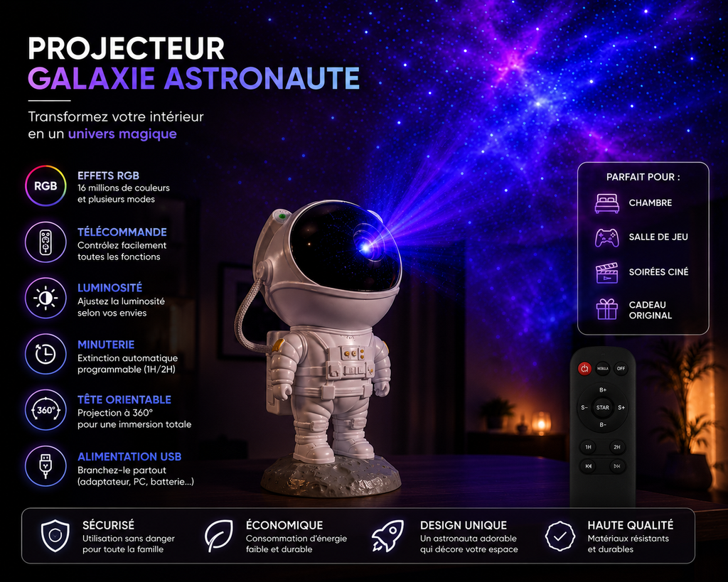 ✨ Explorez l’univers depuis votre chambre avec le Projecteur Galaxie Astronaute 360°